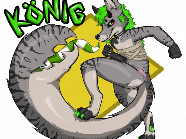 A badge image of a cartoon hellhound/maned wolf with sentient tail.