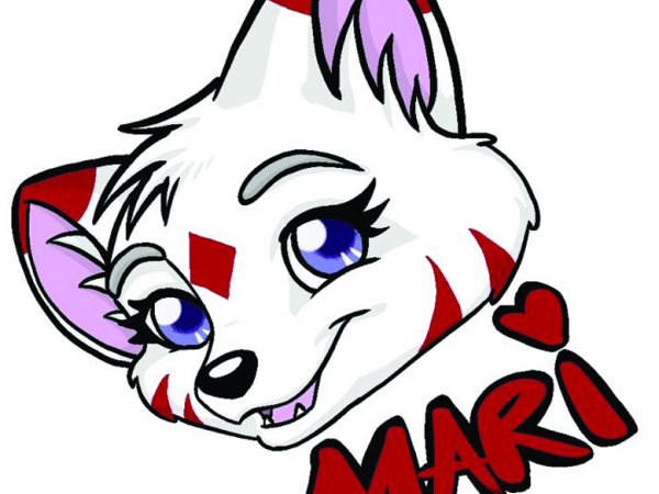 Mari's Badge A cartoon rendering of a young white fox with red markings.