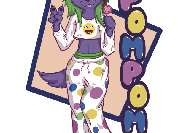 A badge image of a cartoon dog holding a lollipop