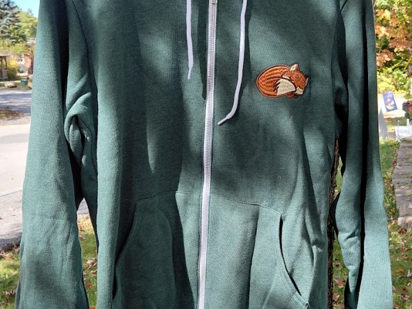 A green hoodie hanging in a tree with fall colors behind.