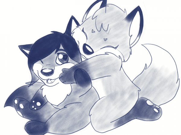 Huggles! A sketch of one cartoon fox hugging another.