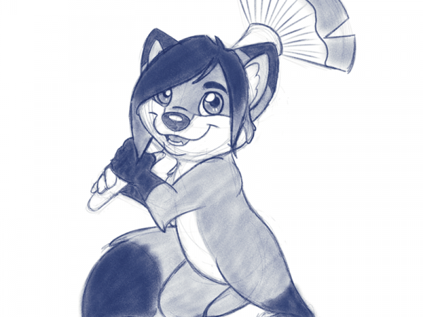 Roony A sketch of a cartoon fox holding a paintbrush.