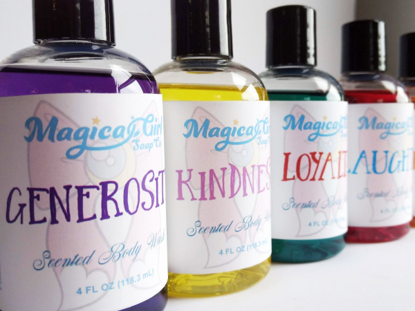 A variety of colorful bottles of body wash.