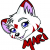A cartoon rendering of a young white fox with red markings.